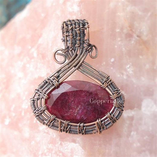 Ruby Pendant - Copper Wire Wrapped Pendant - Handmade Necklace - Hippie Jewelry - Anniversary Gift for Wife - Etsy