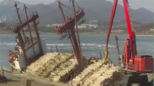 Video: Russian Cargo Ship Tilts Spilling Timber Cargo Load