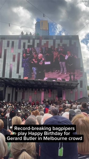 While breaking a world record for the largest bagpipe ensemble in Melbourne (and covering AC/DC), the crowd found out Gerard Butler was there - and his birthday is tomorrow. So, it was only fitting to play him a celebratory tune 🎵 #acdc #melbourne #music #livemusic #gerardbutler | Blunt Mag