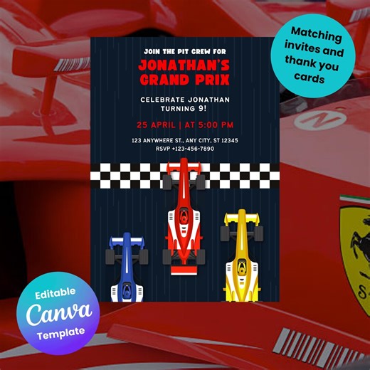 Editable F1 Birthday Party Invitation and Thank You Card, Canva Template, Racing Invitation, Digital Party Invite, Digital Download - Etsy Australia