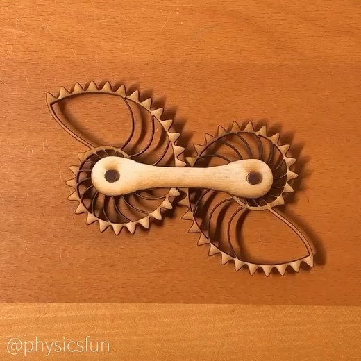 Logarithmic Spiral Gears https://www.physicsfunshop.com/search?keywords=spiral gears An extreme example of non-circular gear sets. This set is based on the famous Fibonacci spiral and evokes the cross section of nautilus shell with internal chambers. If one gear of this set is turned at constant speed, the other will turn with an varying speed. A laser cut based on 3D prints of Misha Tikh and the research of Balint et al. ➡️ Follow the link above for info on where to get similar gear sets and ot