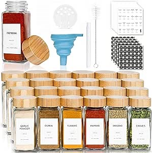 Spice Jars with Labels 24pcs Seasoning Organizer Bottles 4oz Glass Spice Jars with Bamboo Lids Spices and Seasonings Set Seasoning Containers for Spice Rack Kitchen Organizers and Storage