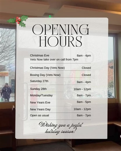 🎄 Christmas Opening Hours 🎄 Please take note of our festive opening hours over the Christmas and New Year period. 🎅✨ Christmas Day & Boxing Day will be closed, with Vets Now providing cover. Thank you for your continued support — we wish you and your pets a safe and happy Christmas! 🐾🎄 #theguildfordvet #vet #vets #surreyvet #independentvet #guildfordvet #familyvet #christmas | The Guildford Vet