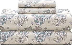 Feather & Stitch Softest 100% Cotton Sheets, 300 Thread Count Percale Weave Bedding, 16" Deep Pocket, Cooling Sheets, Breathable Bed Set, Hotel Premium Quality (King, Beige Paisley)