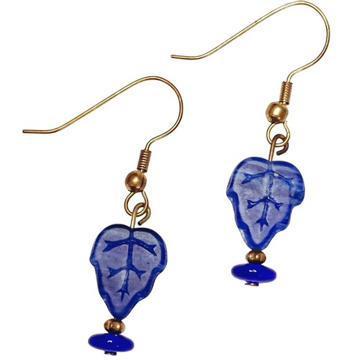 Colbalt Blue Glass Leaf Dangle Earrings Cute Boho Botanical Gold Tone Hooks - Etsy