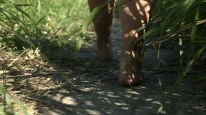 Close up female legs walking on beautiful forest trail. Walking woman in the forest with barefoot.