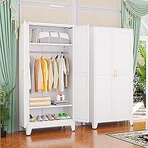 GAIOUS Metal Wardrobe Cabinet with Hanging Rod, 71" Metal Clothing Storage Cabinets with 2 Doors and Adjustable Shelves, White Armoire Wardrobe Closet for Bedroom, Laundry Room, Cloak Room