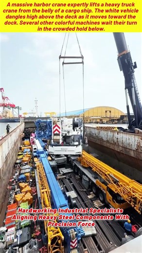 Massive Harbor Cranes Unloading Heavy Construction Vehicles From A Cargo Ship