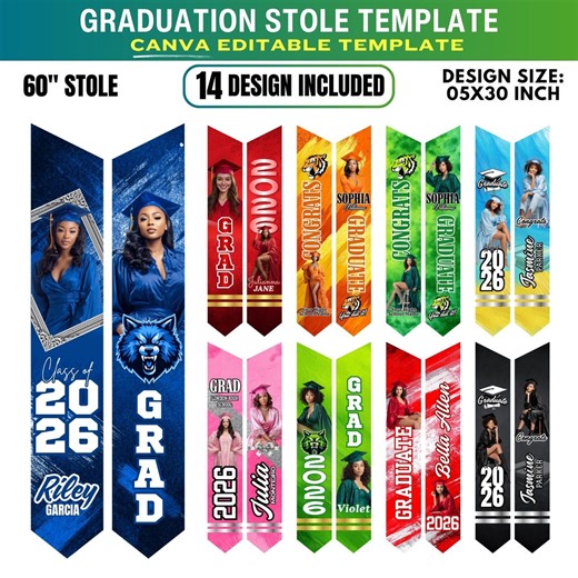 14 Graduation Stole Templates, Class of 2026 Canva Editable, 60 Inch Senior Grad Sash Bundle, Custom Photo Stole, DIY Graduation Gift - Etsy