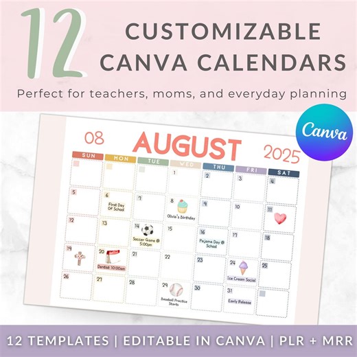 12 Editable Canva Calendar Templates | 2026 Monthly Planner | Digital Stickers | PLR & MRR Printable Bundle - Etsy