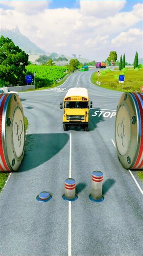 School Bus,Truck, Oil Tanker, Cargo Truck, Log Truck vs Bollards Crush #000