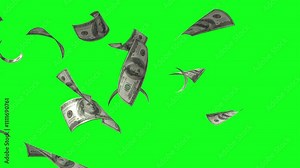 Dollar notes flying free on green screen, flying money animation 4K