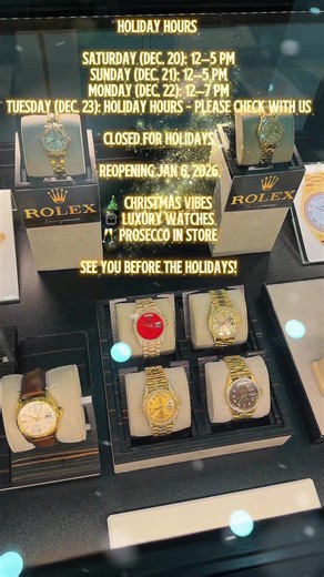 Holiday Hours ✨ Saturday (Dec. 20): 12–5 PM Sunday (Dec. 21): 12–5 PM Monday (Dec. 22): 12–7 PM Tuesday (Dec. 23): holiday hours - please check with us Closed for Holidays Reopening Jan 6, 2026 🎄 Christmas vibes ⌚️ Luxury watches 🥂 Prosecco in store See you before the holidays! #WatchfinderCanada #LuxuryWatches #ChristmasGifts #HolidayShopping #YorkvilleWatches
