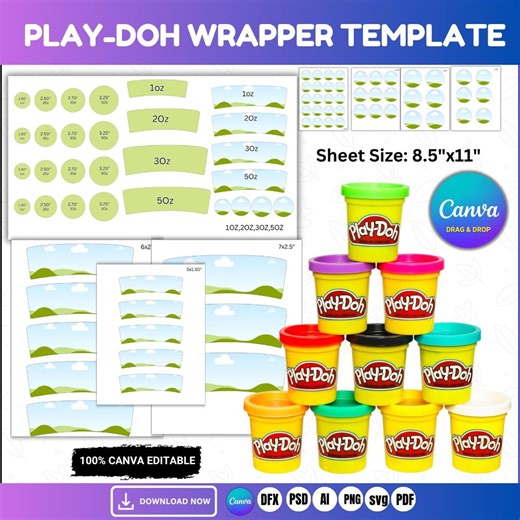 Play Doh Tub Wrapper Template Bundle | Editable Canva Playdough Label | 1oz 2oz 3oz 5oz Party Favor Wrap | DIY Kids Birthday Party Favors - Etsy