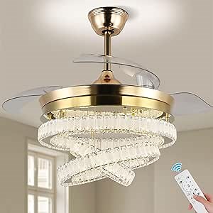 FRIXCHUR 42" Gold Modern Crystal Ceiling Fan with Lights Dimmable Fandelier Retractable Crystal Chandelier Ceiling Fan for Bedroom Dining Room,6 Speed,3 Light Colors Adjustable