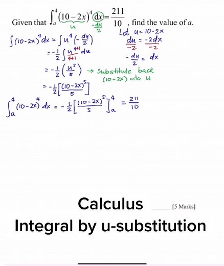 Solving Edexcel Calculus Definite Integral Equation with U-Substitution