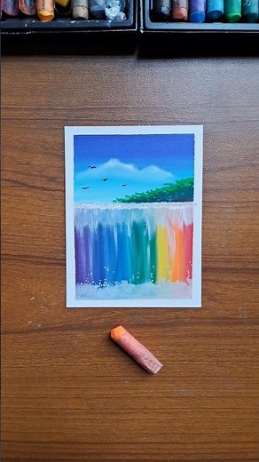 🌈 Rainbow Waterfall Drawing with Oil Pastels | Easy Nature Scenery Tutorial
