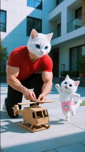 The kitten was teased for playing a cardboard Helicopter, Daddy Cat built a water-spraying one