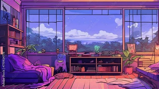 stream starting soon screen, overlay loop, animated virtual backgrounds, cozy lo-fi living room at rainstorm, vtuber asset twitch zoom OBS, anime chill hip hop.. 4k animation video.