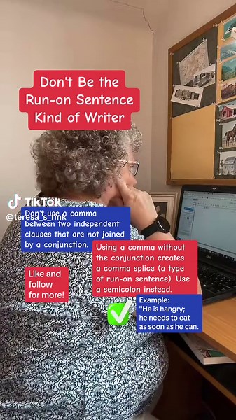 A comma splice creates a run-on sentence. Avoid comma splices. #commasplices #avoidrunonsentences #improveyourwritingskills✍🏼️ #englishgrammarlessons📝 #tipsfromaproofreader️ #cotjproofreading