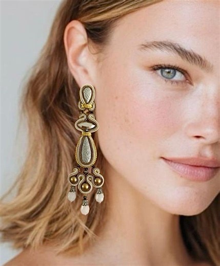 Golden Beige Soutache Earrings, Embroidered Crystal Studs. Handmade Jewelry. Swarovski Earrings. Statement Earrings. - Etsy