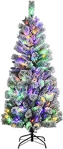 Goplus 5ft Pre-lit Snow Flocked Christmas Tree, Premium Hinged Artificial Pine Tree w/ 9 Lighting Modes & 140 Color Changing LED Lights, Remote Controller Included, Xmas Full Tree for Indoor Home