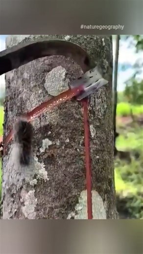 Nature Geography on Instagram: "Nature’s white gold meets its tiny guardian. 🌿✨ Did you know that natural rubber begins its journey like this? This delicate process is called 'tapping,' where the tree shares its sap (latex) to create the materials we use every day. But look closely... we aren't alone! A fuzzy little caterpillar is calmly making its way across the bark, reminding us that while we harvest, the forest's life continues in perfect harmony. A beautiful moment of balance between human