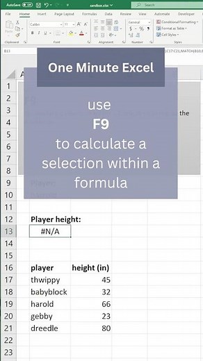 Use F9 to calculate a selection within a formula in Excel