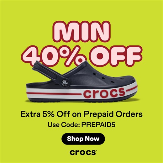 Ultimate comfort meets unbeatable prices. Grab a pair of Crocs at a minimum of 40% OFF during our Flash Sale. Extra 5% off on all prepaid orders! Use code: PREPAID5. | Crocs