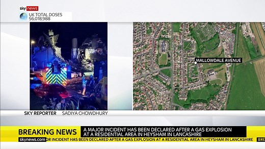 105K views · 421 reactions | BREAKING: A major incident has been declared after a suspected gas explosion which reportedly destroyed up to three terraced houses in Heysham, Lancashire. Sky's Sadiya Chowdhury has the latest. Read more here: https://trib.al/ZOyn2qy | Sky News | Facebook