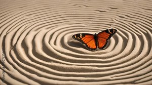 A butterfly lives on a sand garden with concentric circles. Symbolizing tranquility, balance, and natural beauty in a Zen-inspired setting