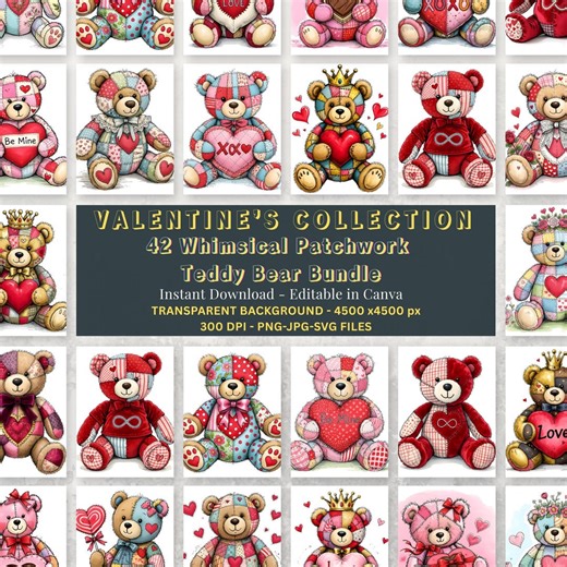 Valentine Teddy Bear Clipart Bundle, Whimsical Patchwork Style (PNG, JPG, SVG) - Etsy