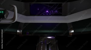 3D render animation of a futuristic car interior, with the blinking autopilot in the car cockpit, conceptual wheel.
