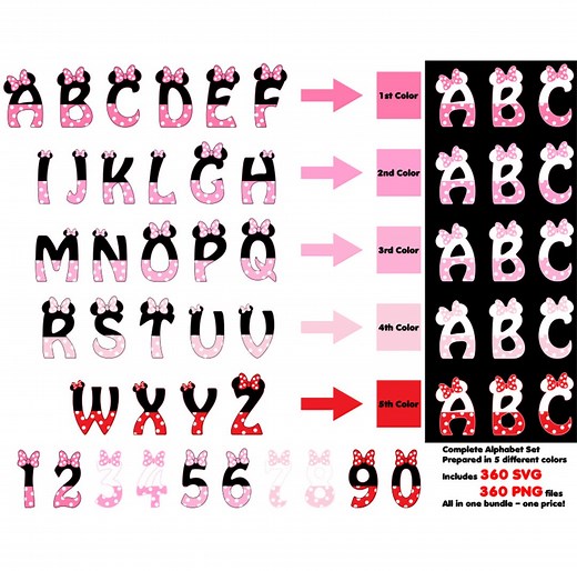 Minnie Mouse Alphabet SVG PNG Bundle | Pink & Red Letters, Numbers (digital Download) - Etsy