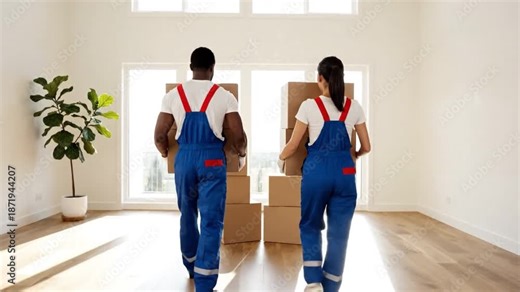 Moving Day: A moving team strides purposefully into an empty space. A male and female carrying packages represents home relocation and moving services.