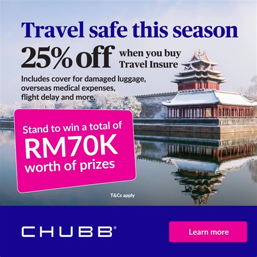 Travel smarter with Chubb’s Travel Insure! Protect your next getaway and enjoy greater peace of mind. Plus, stand a chance to win amazing prizes such as🚢 A magical Disney Cruise Line package worth RM35,000, and more! Campaign ends 31 December 2025! Find out more here: https://www.chubbtravelinsurance.com.my/cti/my-en/home/wavesofcelebration.html T&Cs apply. Refer to policy wordings for full benefits and exclusions. The benefits payable under eligible products are protected by PIDM up to limits.