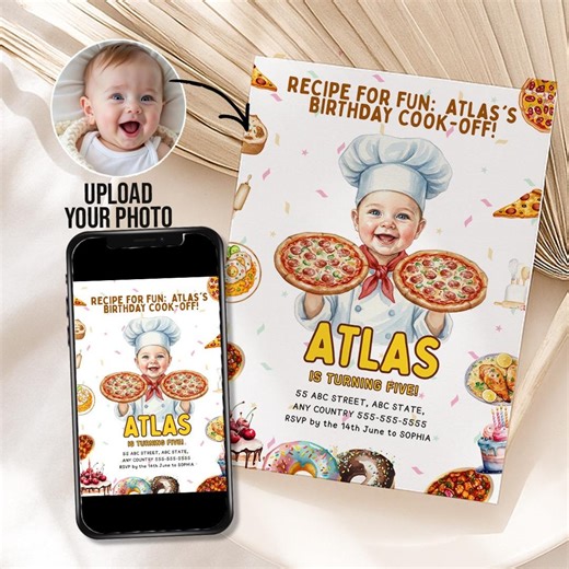 Pizza Party Invitation With Custom Photo, Italian Chef Birthday Invite Editable Digital Template - Etsy