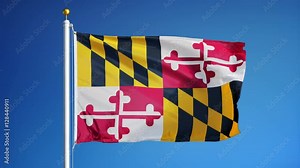 Maryland (U.S. state) flag waving in slow motion against blue sky, seamlessly looped, close up, isolated on alpha channel with black and white matte, perfect for film, news, composition