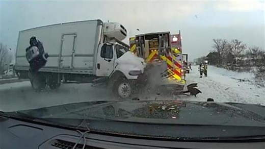 Moment truck crashes into fire engine on motorway