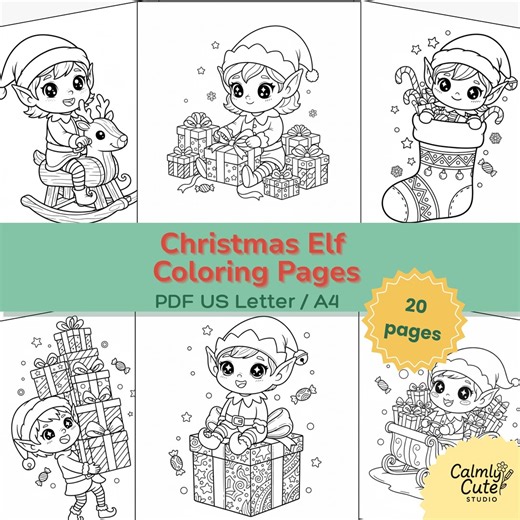 Christmas Elf Coloring Pages | 20 Line Art Designs | Digital Download PDF - Etsy