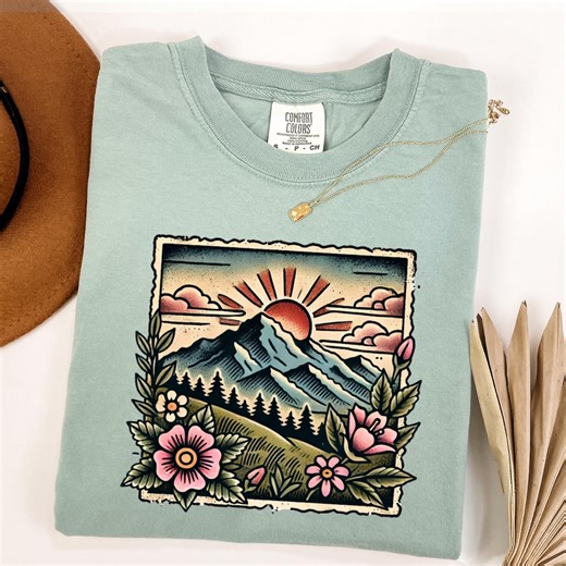 Mountain Graphic T-shirt, Retro Hiking Shirt, Camping Scene Tee, Floral Folk Art Tshirt, Nature Lover Gift, Outdoorsy Adventure Shirts - Etsy