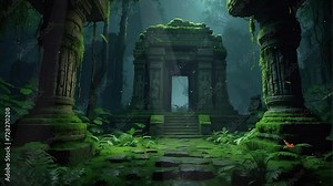 Tree trunk gateway in a magical forest, surrounded by moss and a fluttering swarm of butterflies