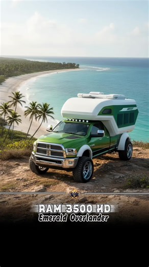 RAM | 3500 HD | “Emerald Overlander” – AI digital design metallic emerald RAM 3500 HD built for tropical coastlines and jungle tracks, lifted stance on all-terrain tires with wide fender flares, chrome bumpers and roof LED bar. large cab-over camper module with rooftop AC, rear ladder and spare mount for extended off-grid travel, while the performance-built engine under the hood delivers strong long-range capability. inside, a bright wood-trim interior with leather dinette seating, full galley, 