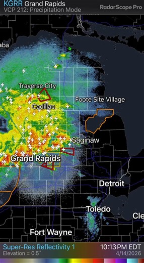 (11:10pm Tuesday) Just showing you the current status of things on radar. Red polygons are tornado warnings. There is a lot of lightning with these storms, too…it’ll be quite an electric show. Tornado watch continues until 4am. #miwx