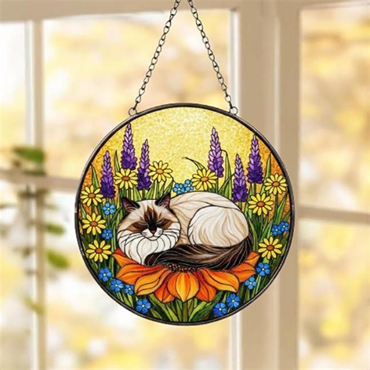 Ragdoll Cat Stained Glass Suncatcher, Sleeping Cat Window Decor, Cat Lover Gift, Floral Glass Art Panel, Handmade Pet Memorial Gift - Etsy