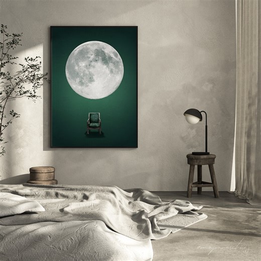 Moody Dark Jewel Green Full Moon Printable Wall Art, Surreal Moon Digital Download Decor - Etsy