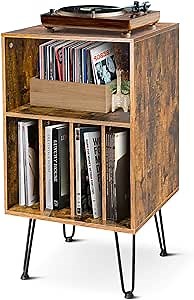 Record Player Table, Record Player Stand with Storage, Record Storage Turntable Stand with Metal Legs, Record Player Table with Sorted Storage Space, for Living Room Bedroom Office, Brown
