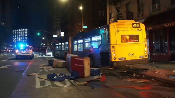 MTA bus plows into parked cars, damages outdoor dining structure on Upper East Side