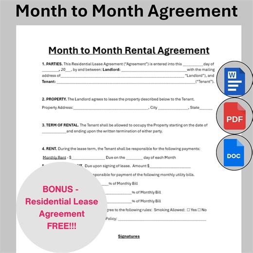 Editable Month to Month Rental Agreement Template, Single Page Tenant Agreement, Printable Residential Monthly Lease Landlord Contract Forms - Etsy