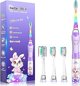 Kids Electric Toothbrush with Timer Toddler Toothbrush Age 2-4-8-12 Girls Electric Toothbrush Rainbow LED Light Up Vibrating Toothbrush Battery Operated Childrens Sonic Tooth Brush (Rabbit Purple)